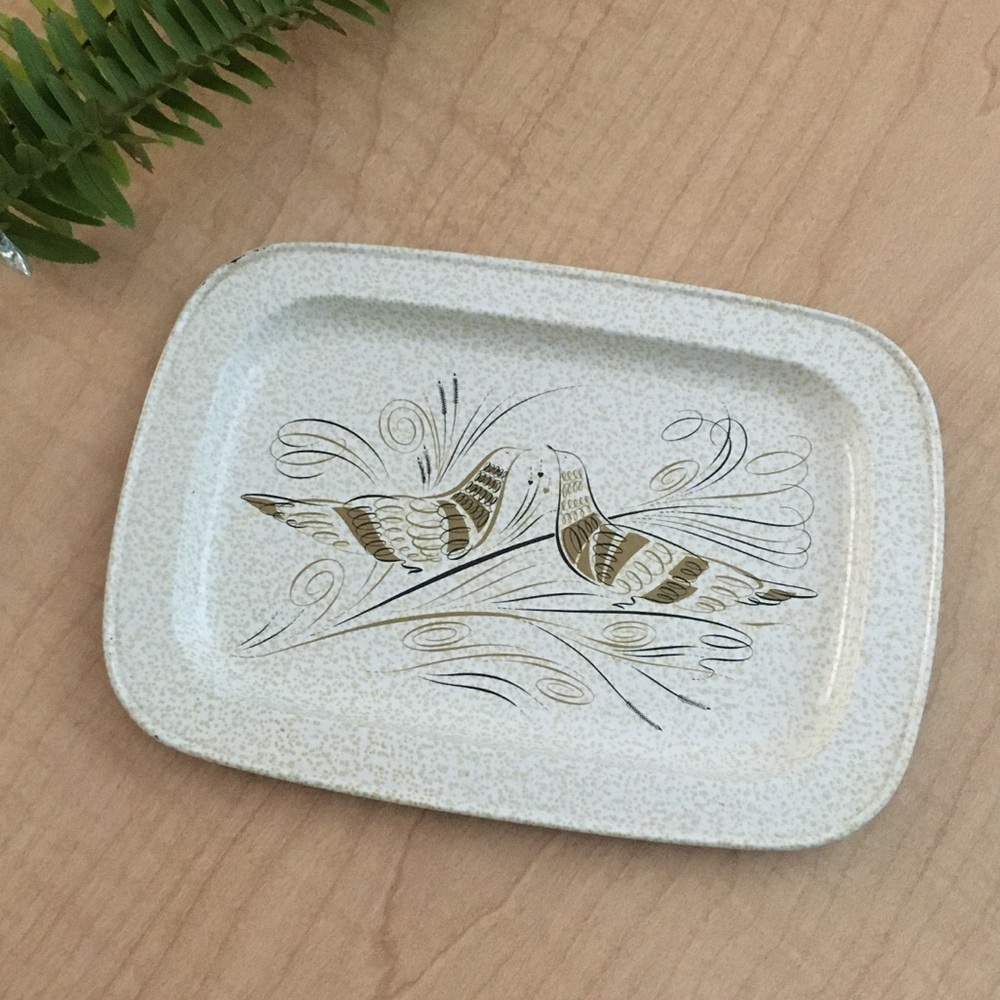 LP Vintage Small Metal Tray Neutral Colors Pair of Partridges Design